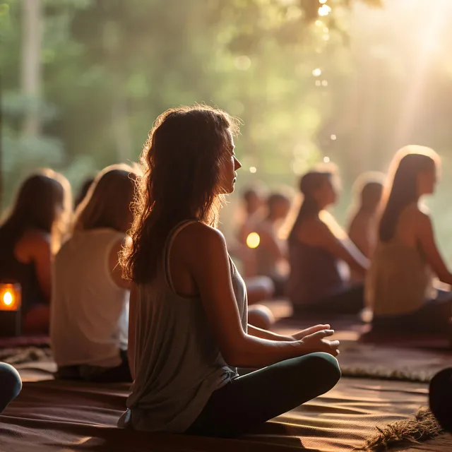 Meditasjonsgruppe i skog med lysstråler, kvinne i forgrunnen.