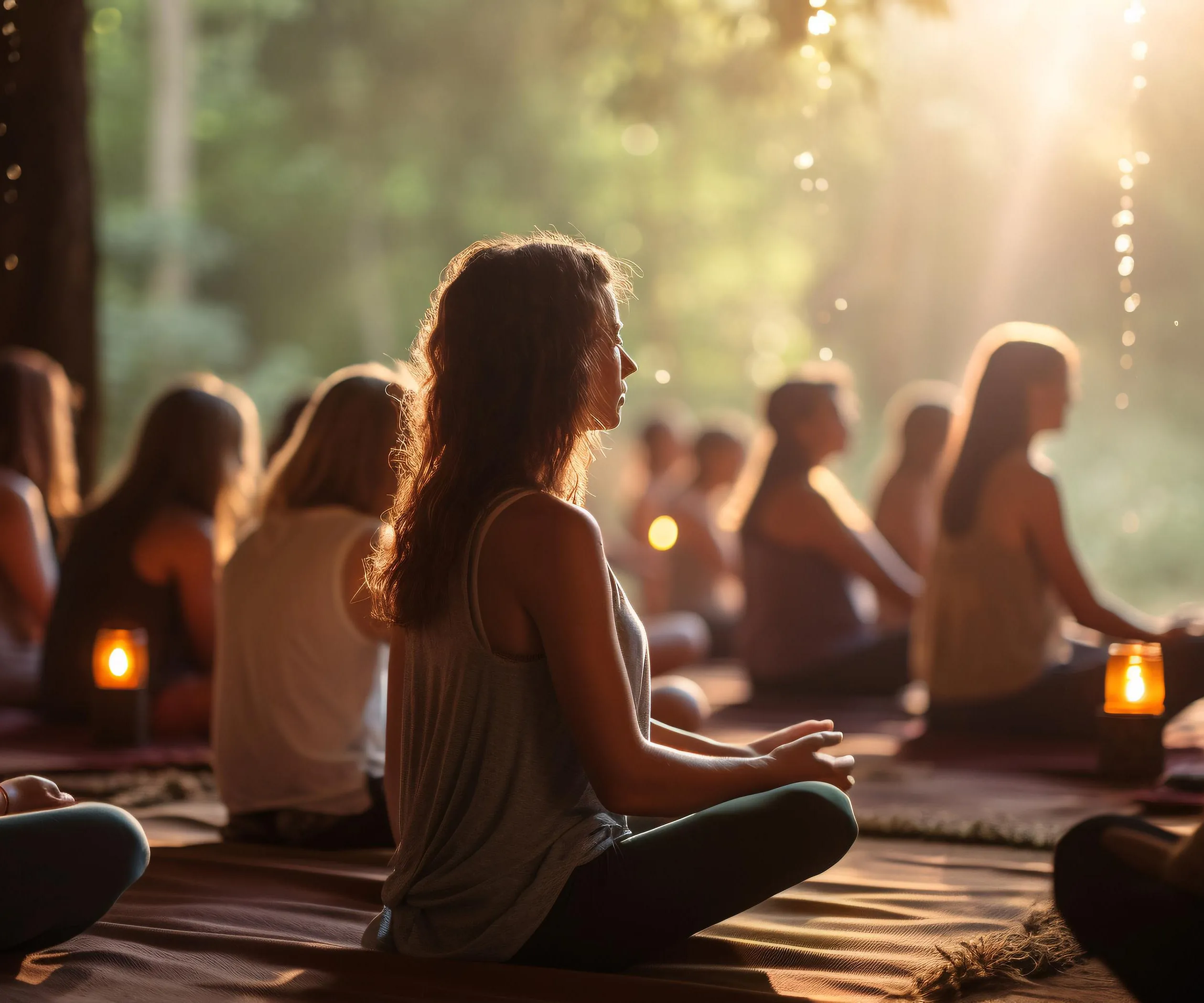 Meditasjonsgruppe i skog med lysstråler, kvinne i forgrunnen.