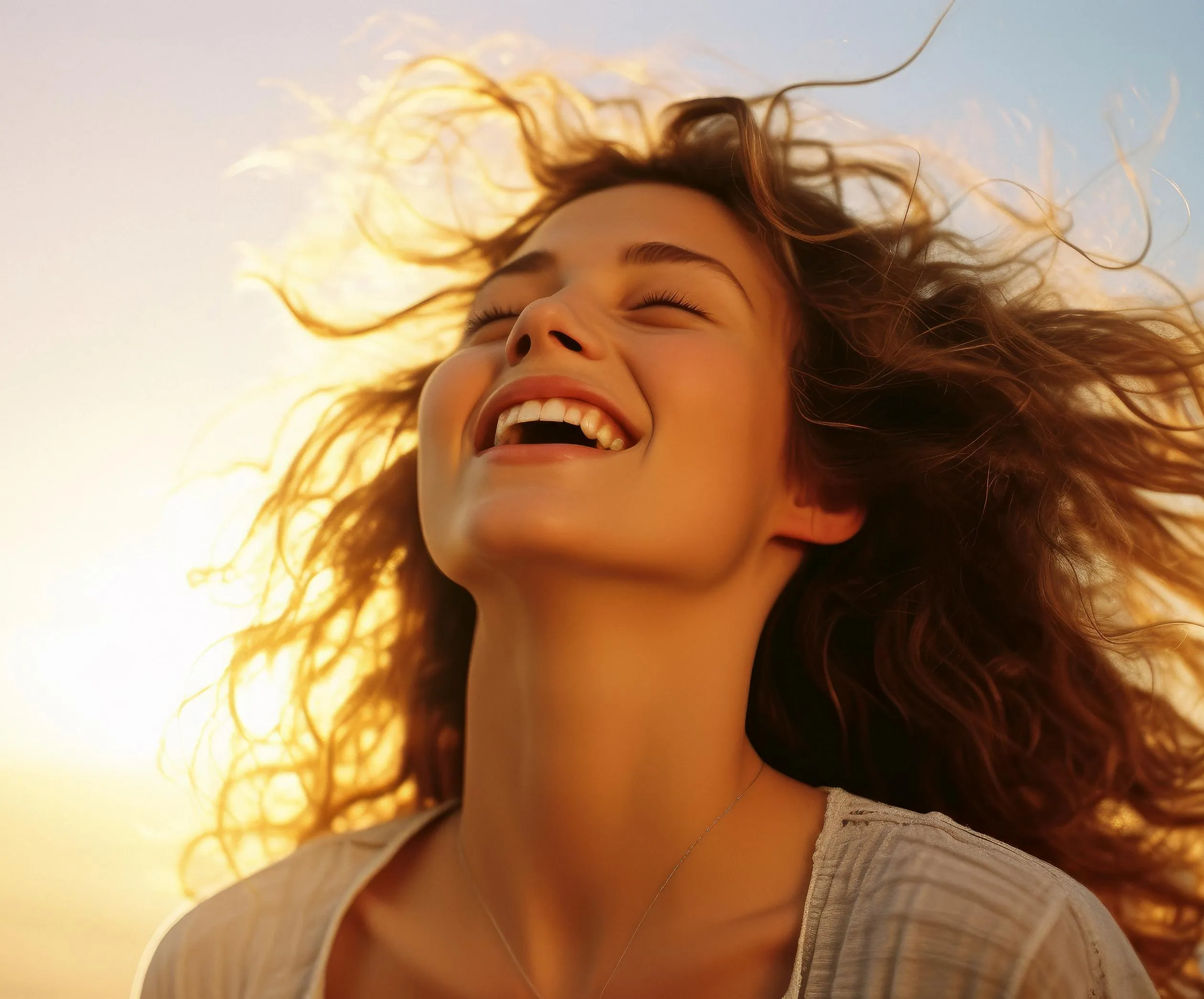 Lerende kvinne med håret i vinden ved solnedgang, glad uttrykk.