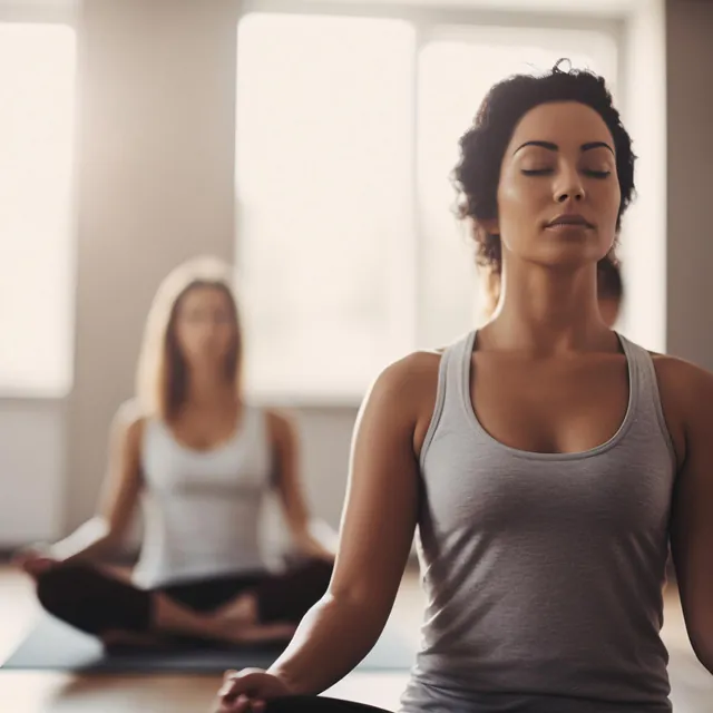 Yoga gruppe i meditasjon, uskarpe ansikter og rolig uttrykk.
