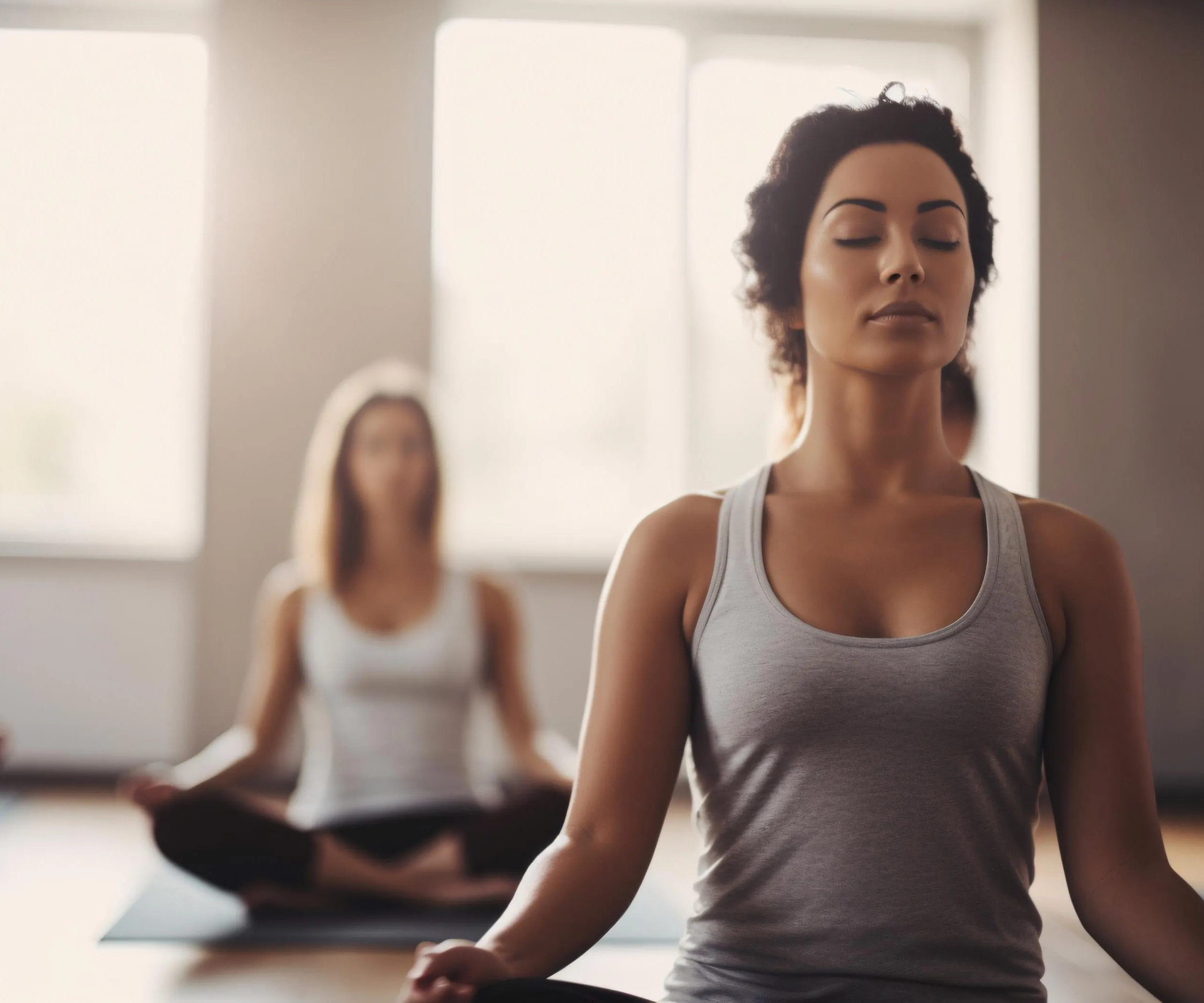 Yoga gruppe i meditasjon, uskarpe ansikter og rolig uttrykk.
